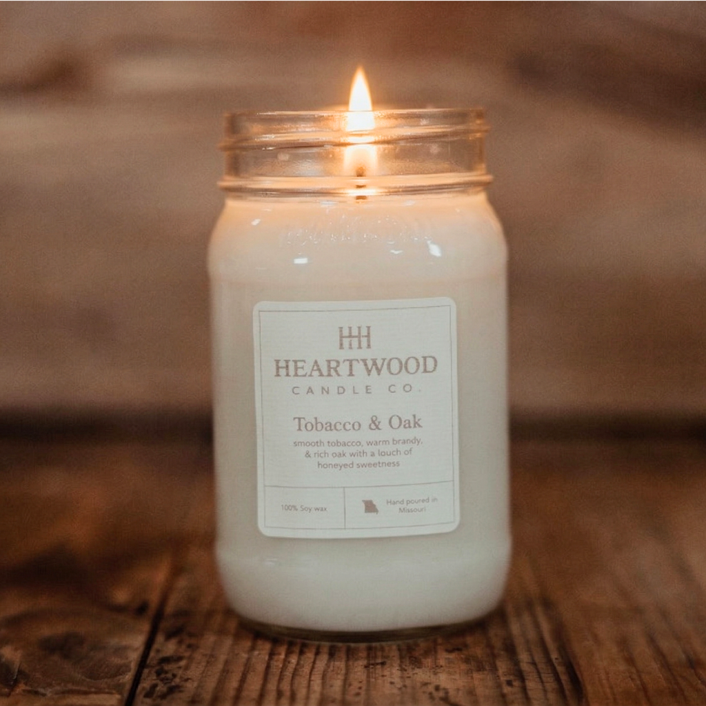 Tobacco & Oak | 16oz Mason Jar Soy Wax Candle | Clean Burning