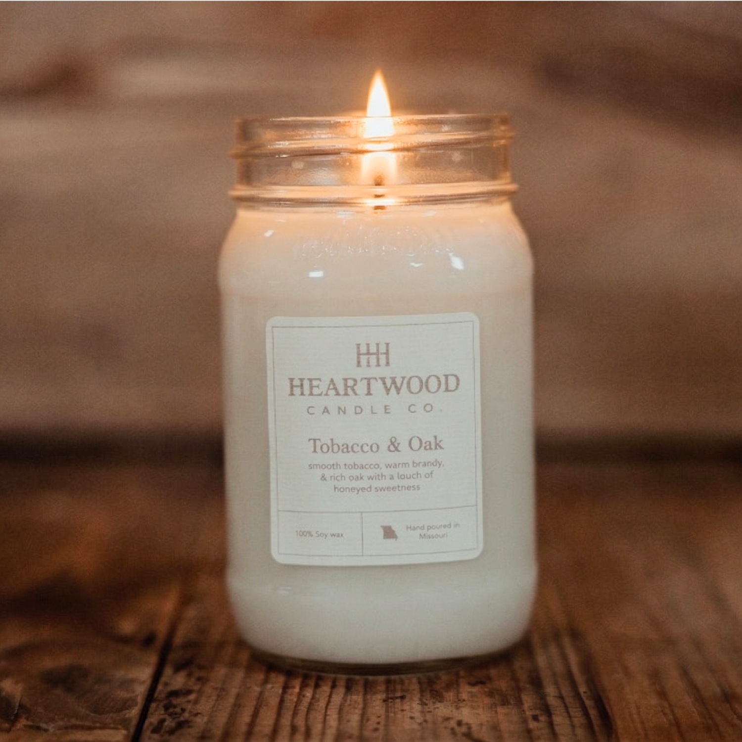 Tobacco & Oak | 16oz Mason Jar Soy Wax Candle | Clean Burning