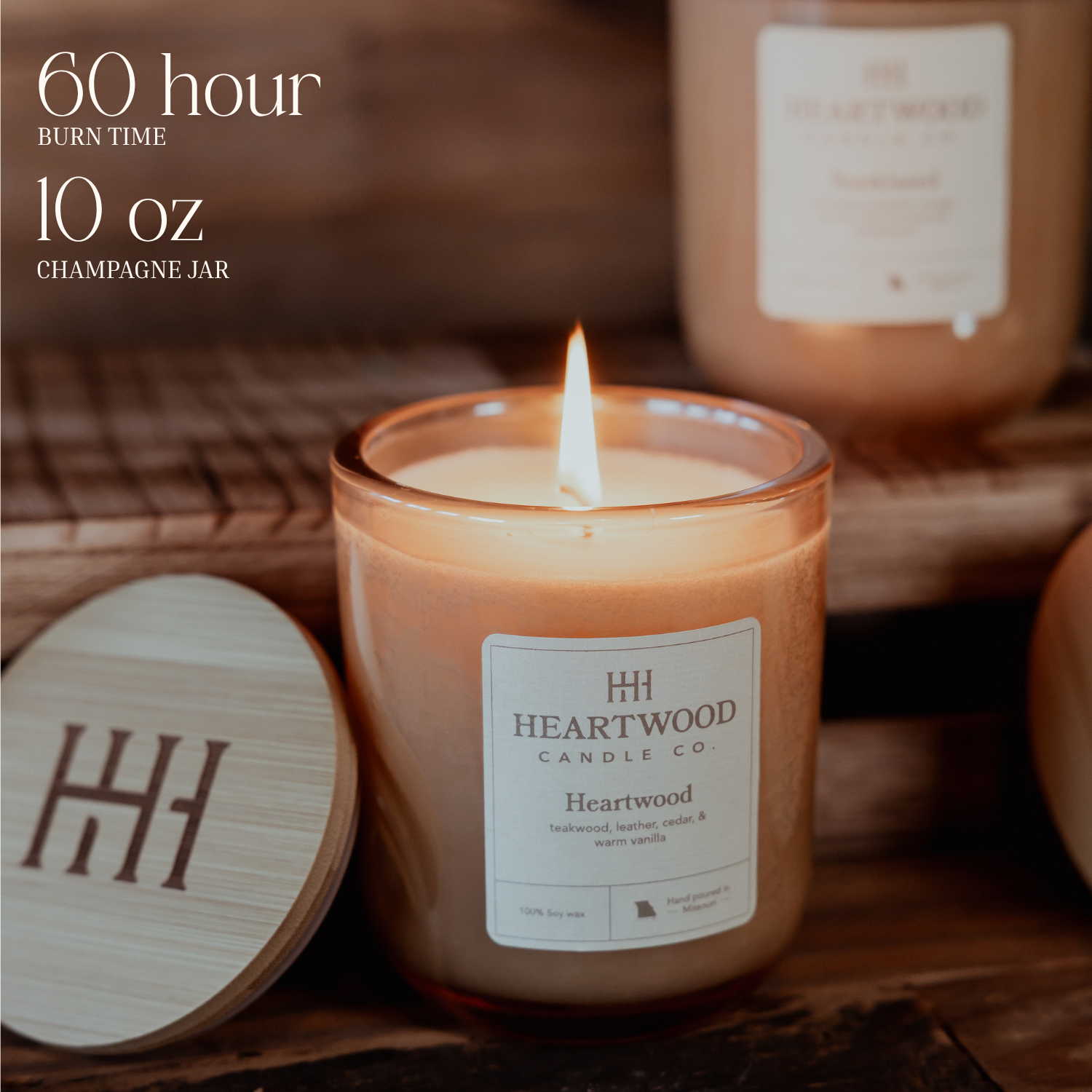 Lit 10 oz hand-poured soy candle with wooden lid and 60+ hour burn time