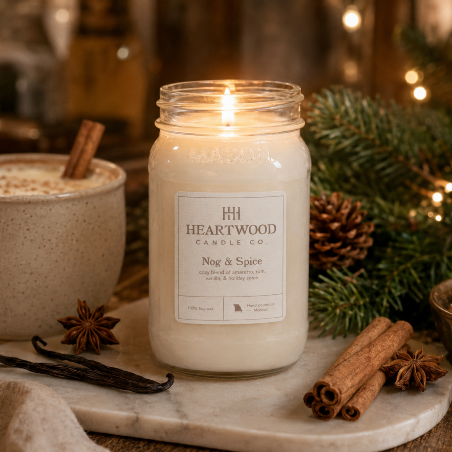 Nog & Spice  | 16oz Mason Jar Soy Wax Candle | Clean Burning