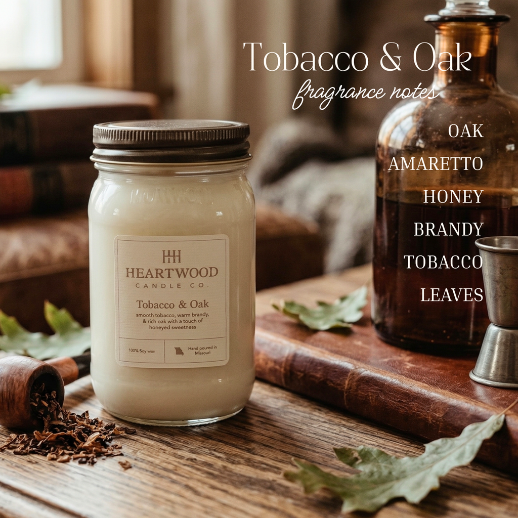 Tobacco & Oak | 16oz Mason Jar Soy Wax Candle | Clean Burning