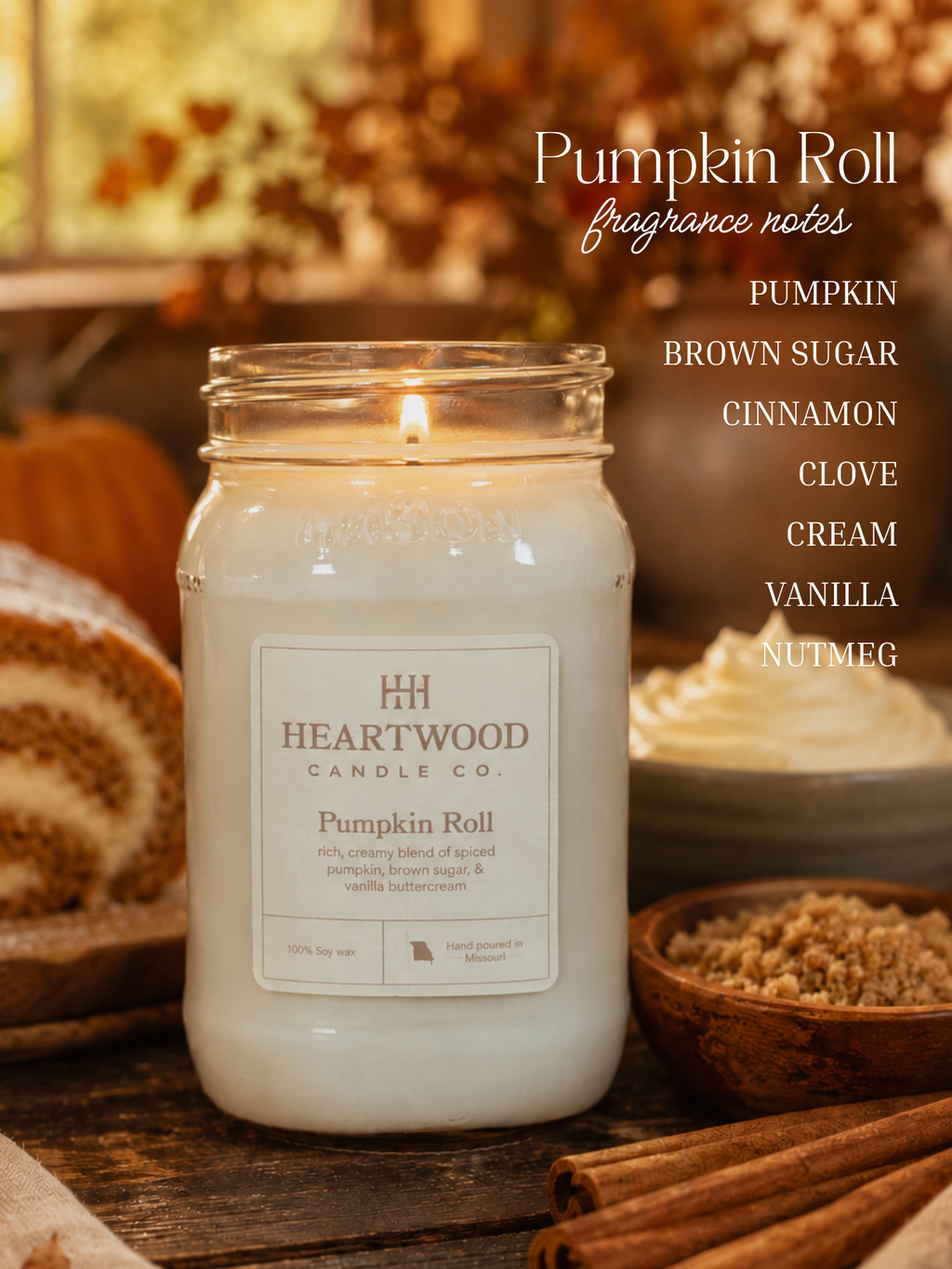 Pumpkin Roll | Mason Jar Soy Wax Candle | Clean Burning