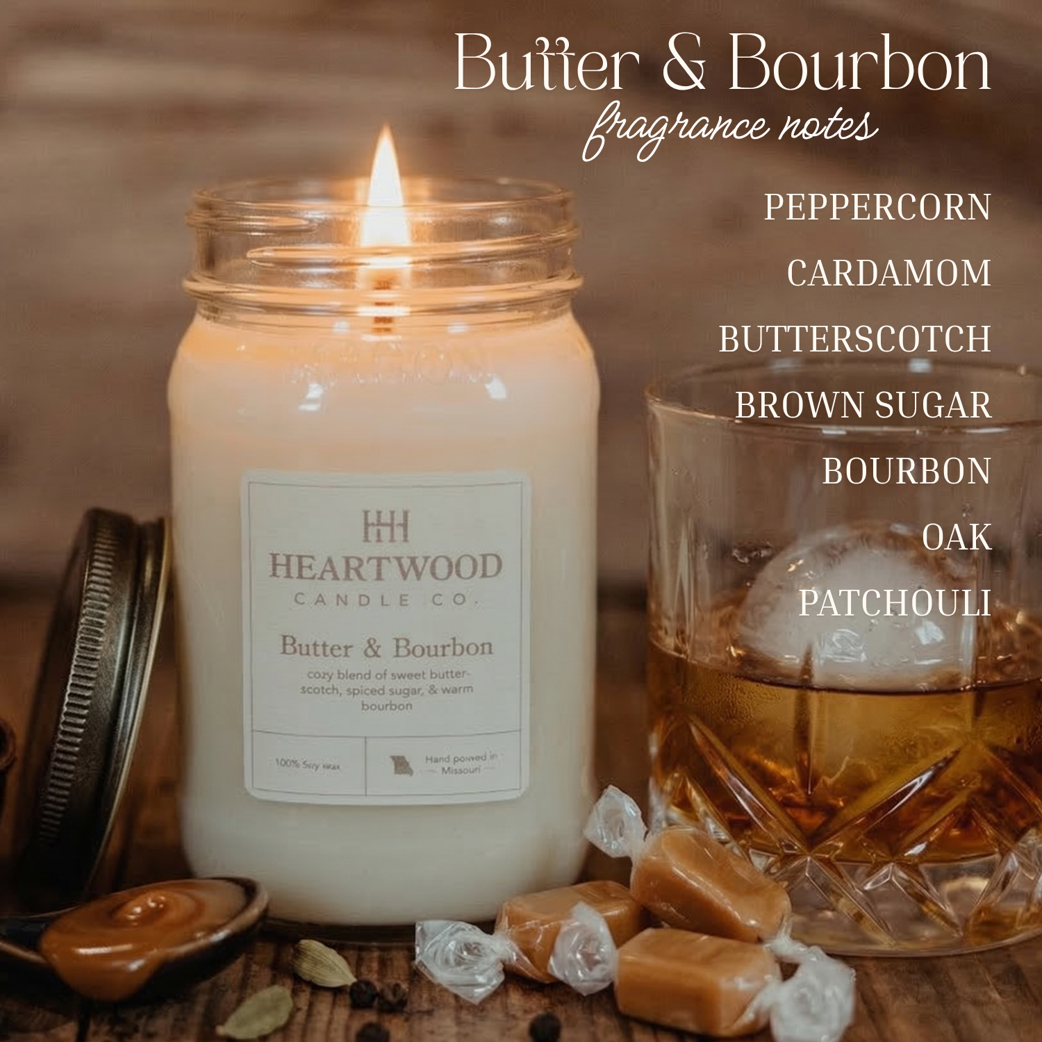 Butter & Bourbon | 16oz Mason Jar Soy Wax Candle | Clean Burning