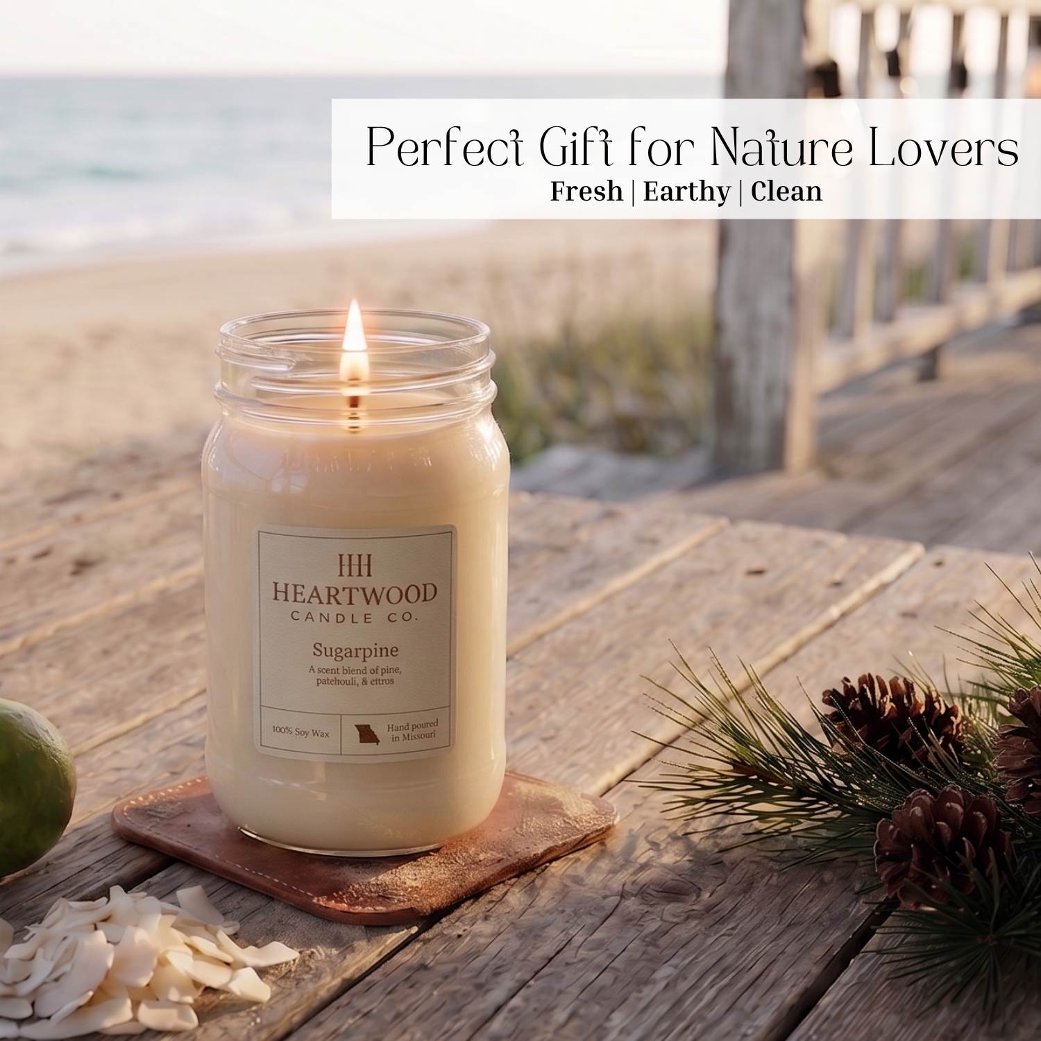 Sugarpine | 16oz Mason Jar Soy Wax Candle | Clean Burning