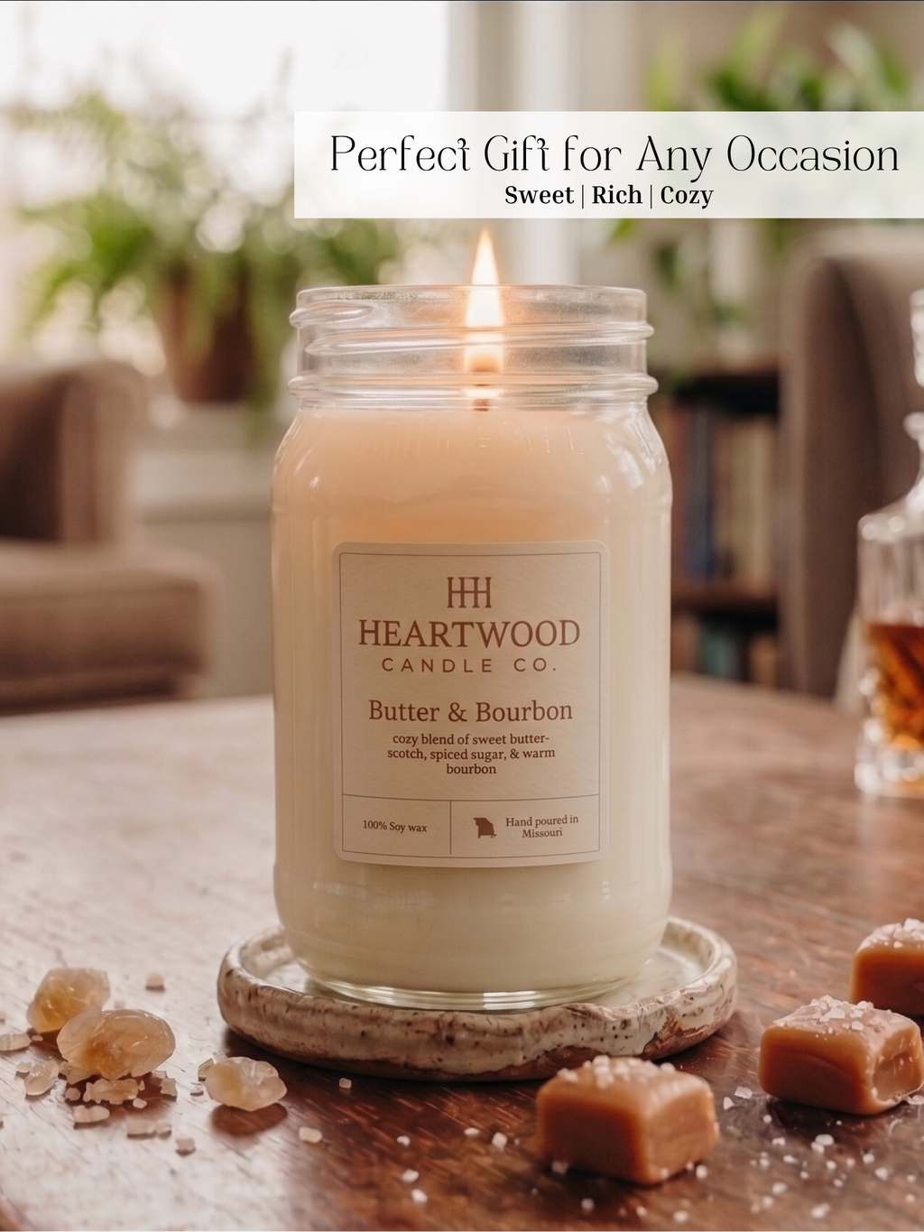 Butter & Bourbon | Mason Jar Soy Wax Candle | Clean Burning