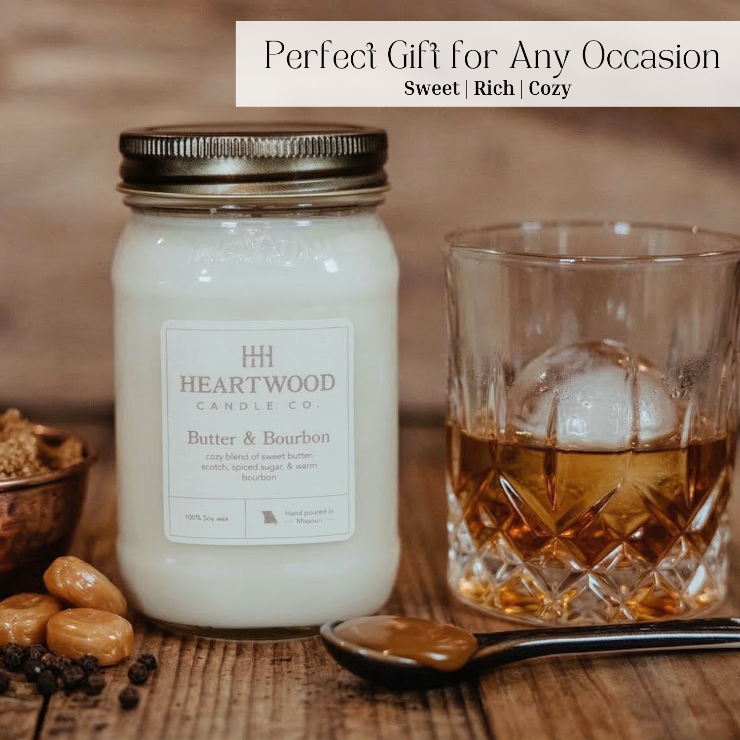 Butter & Bourbon | 16oz Mason Jar Soy Wax Candle | Clean Burning