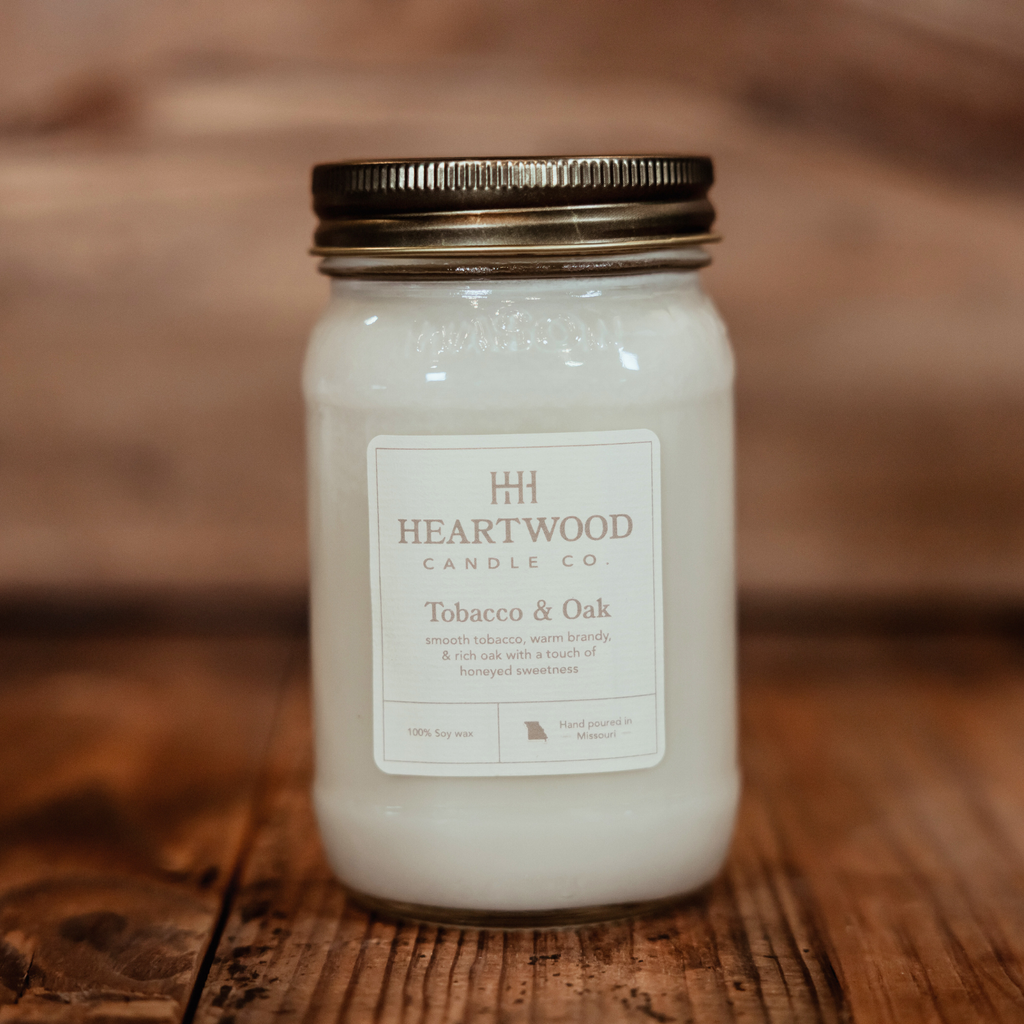 Tobacco & Oak | 16oz Mason Jar Soy Wax Candle | Clean Burning