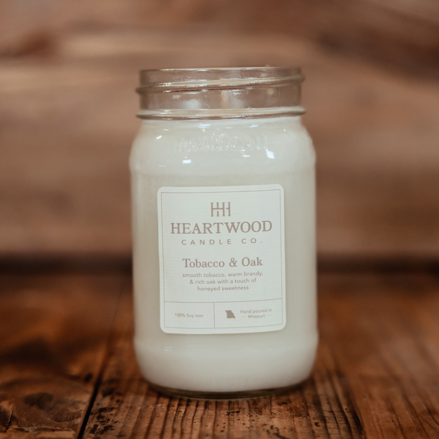 Tobacco & Oak | 16oz Mason Jar Soy Wax Candle | Clean Burning
