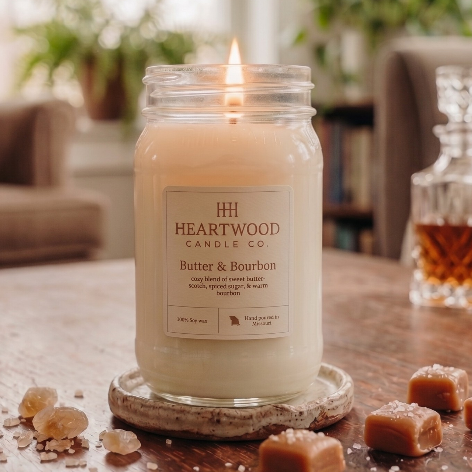 Butter & Bourbon | 16oz Mason Jar Soy Wax Candle | Clean Burning