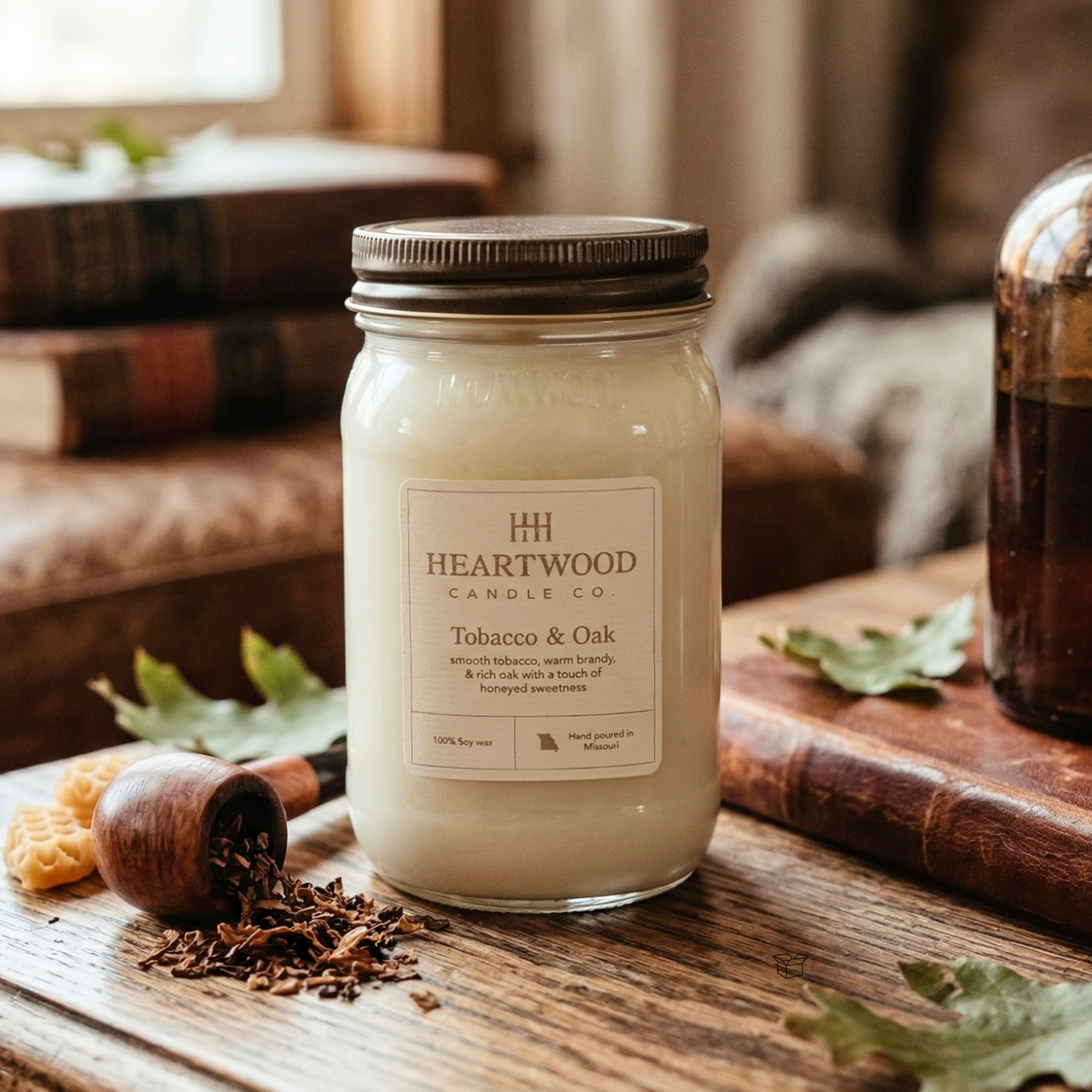 Tobacco & Oak | 16oz Mason Jar Soy Wax Candle | Clean Burning