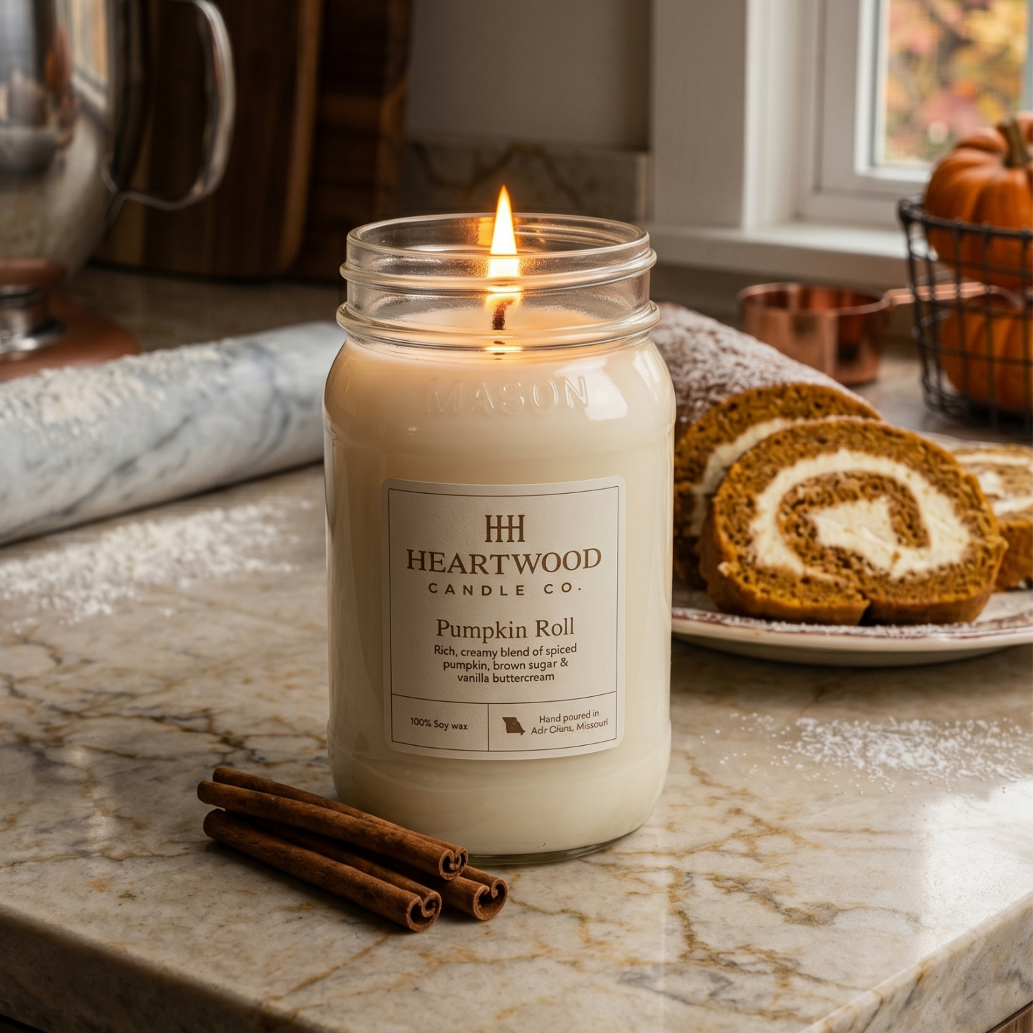 Pumpkin Roll scented soy candle with a warm sweet bakery fragrance