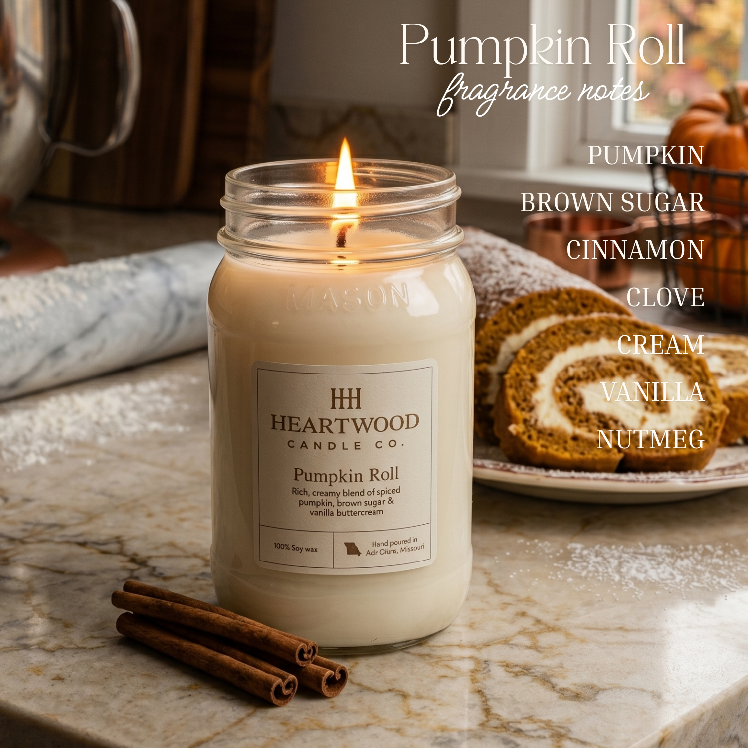 Pumpkin spice scented candle with warm cinnamon and bakery notes